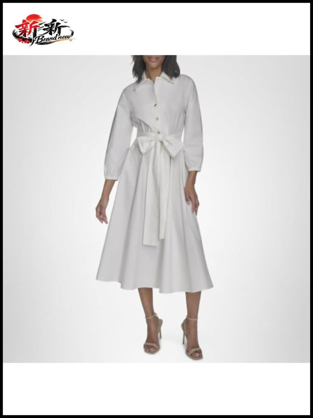 Cotton Poplin Waist Tie Fit & Flare Dress Puff Sleeve Jewel Neck Below Knee